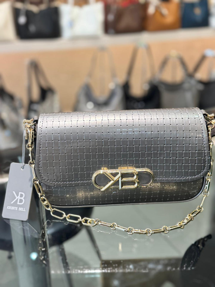 Silver handbag with gold chain