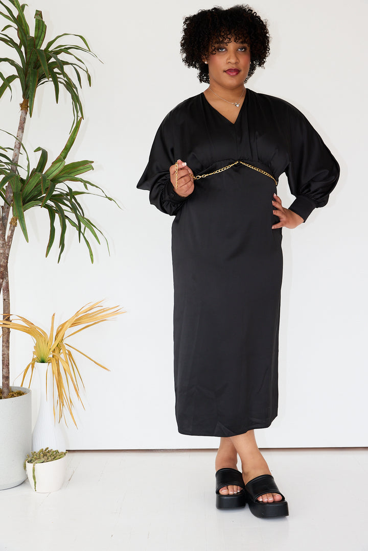 Black Maxi Satin Puff Sleeve Dress