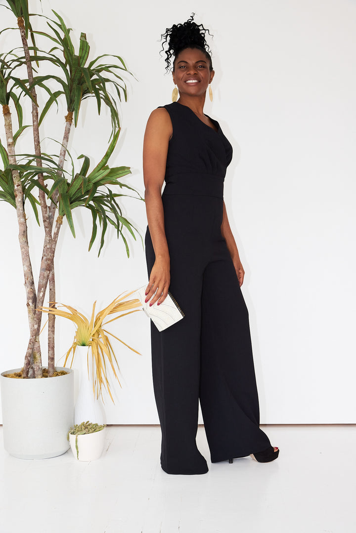 Black Faux Wrap Front Jumpsuit