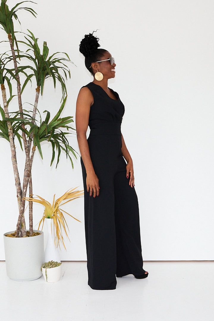 Black Faux Wrap Front Jumpsuit