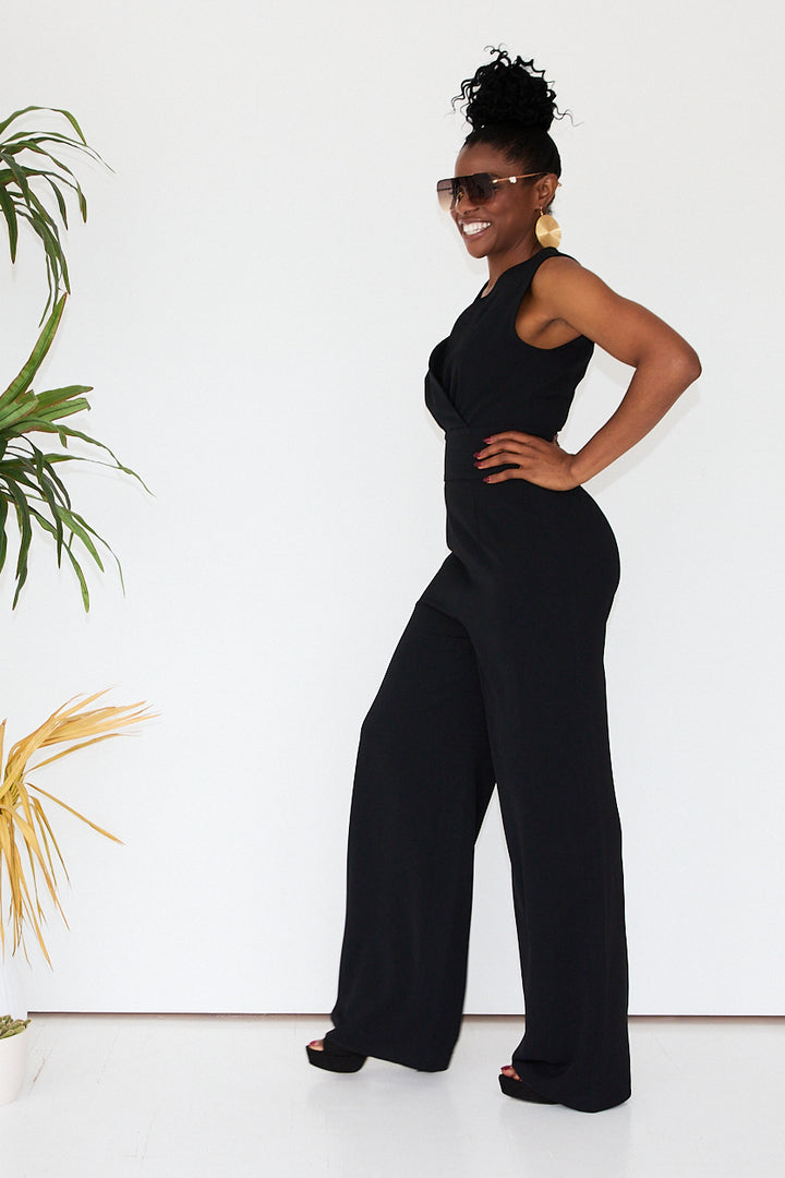 Black Faux Wrap Front Jumpsuit