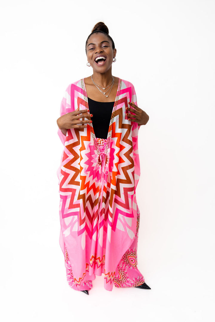 Two-piece set pink Kimono with pants