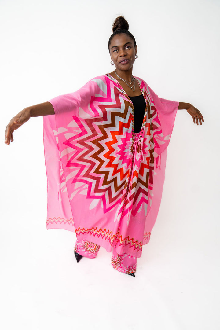 Two-piece set pink Kimono with pants
