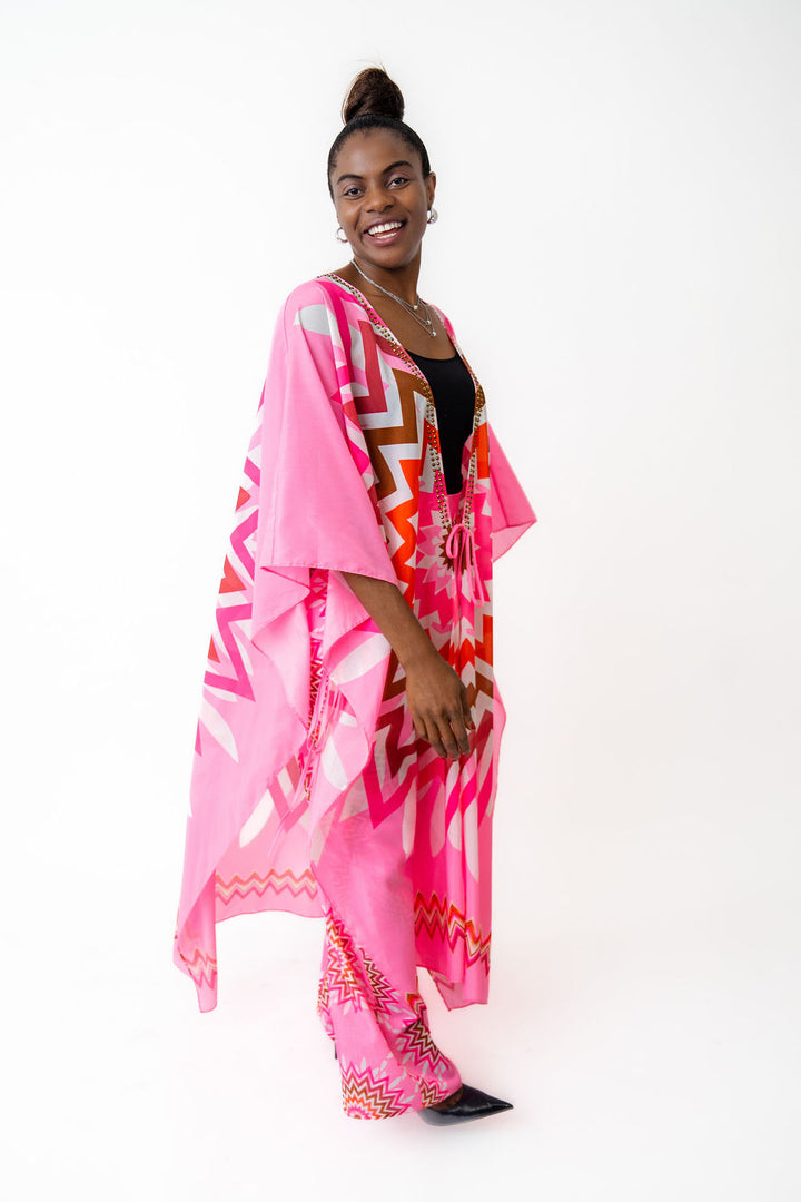 Two-piece set pink Kimono with pants