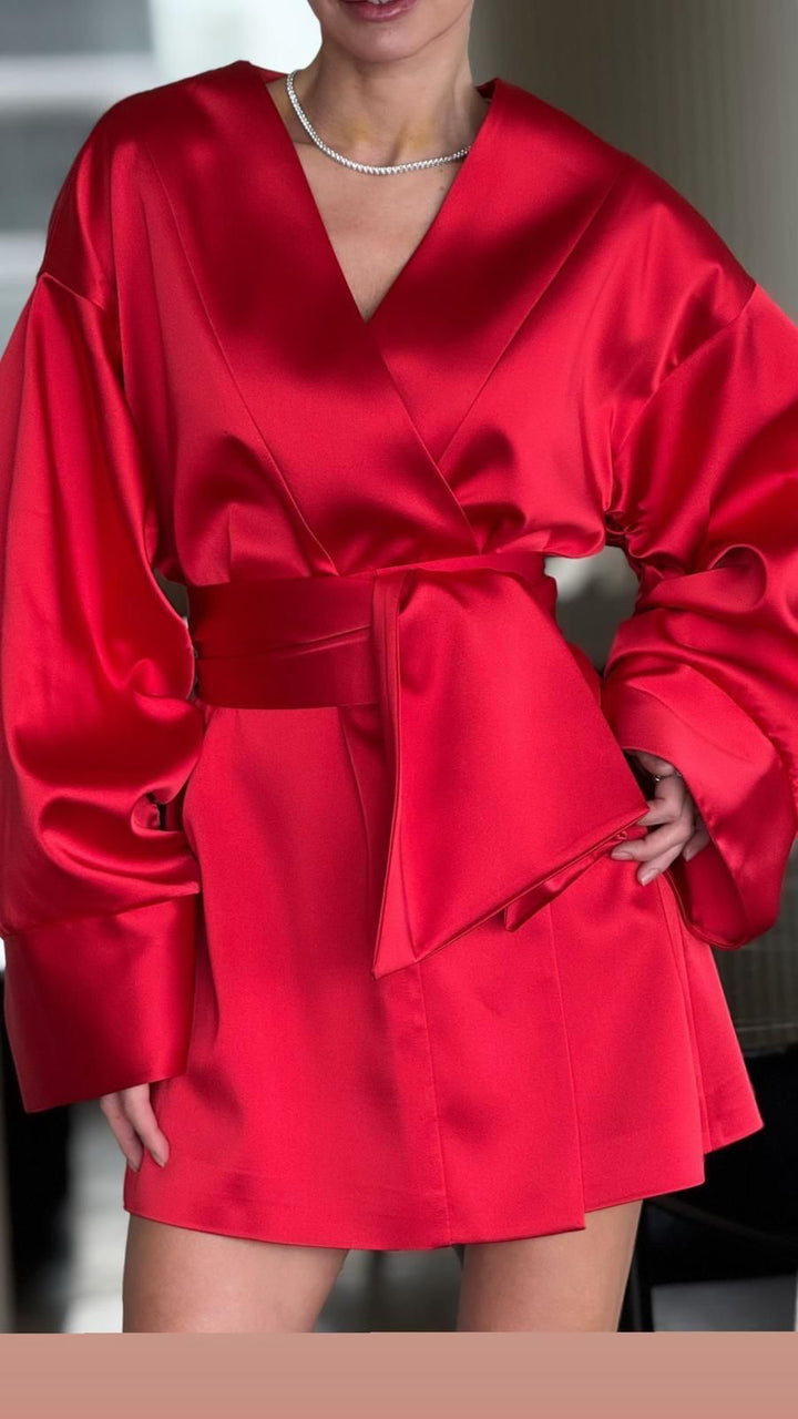 RED SILK BELT KIMONO BLOUSE