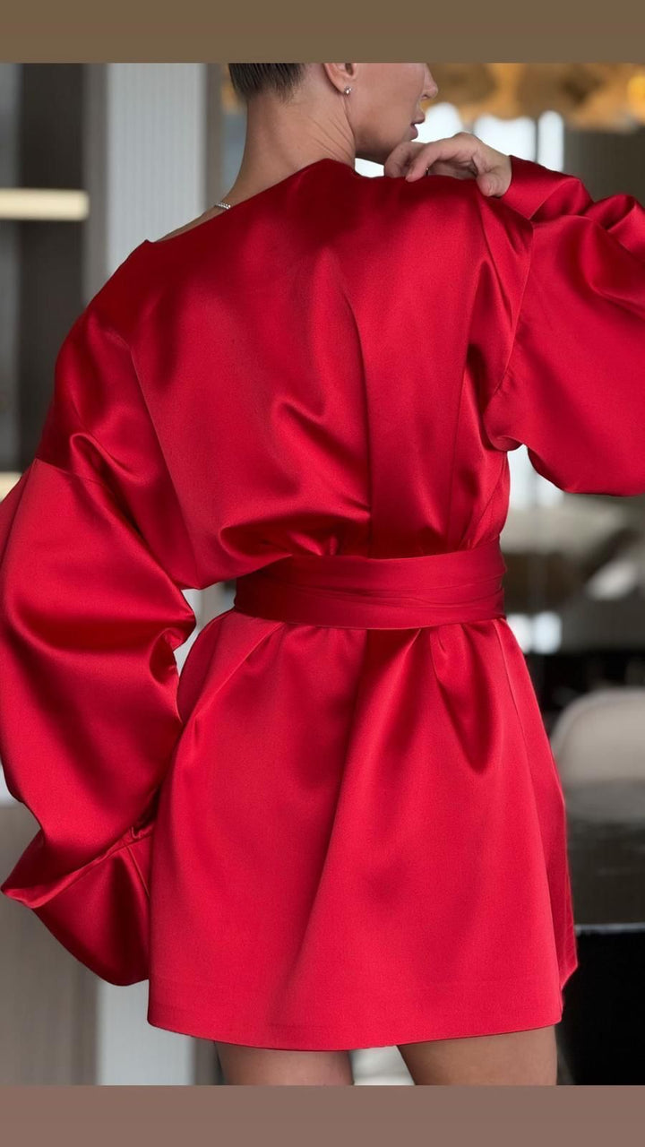 RED SILK BELT KIMONO BLOUSE